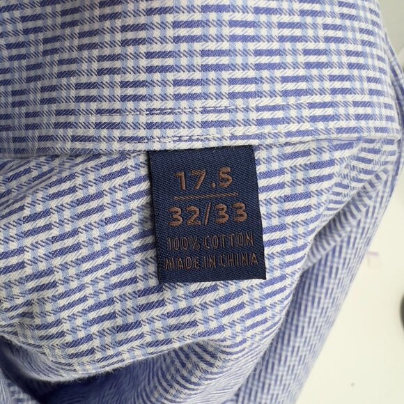 David Donahue Men's Trim Fit Blue Checkered Cotton Dress Shirt 17.5 - Picture 8 of 8